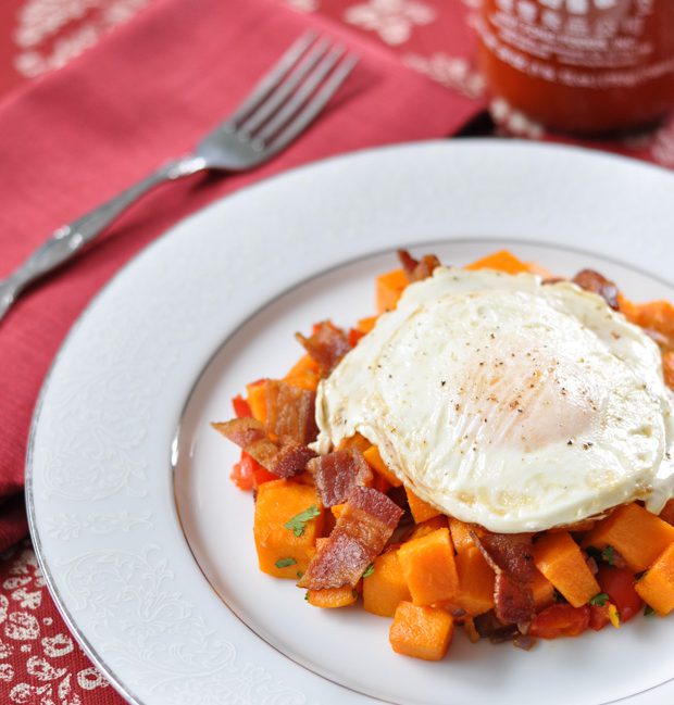 Sriracha and Bacon Sweet Potato Hash - My Love For Cooking